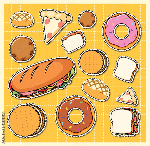 Mixed food cartoon sticker on grid background