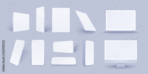 Clay tablet and phone pack in different angles isolated, realistic white laptop and personal computer template. 3D generic device illustration mock up with blank screen for promo or business.
