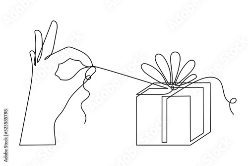 Hand holding gift, one-line art, hand drawn continuous contour. Doodle, sketch style, minimalism. Opening of holiday present, festive surprise, souvenir. Editable stroke. Isolated. Vector illustration