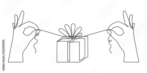 Hand holding gift, one-line art, hand drawn continuous contour. Doodle, sketch style, minimalism. Opening of holiday present, festive surprise, souvenir. Editable stroke. Isolated. Vector illustration
