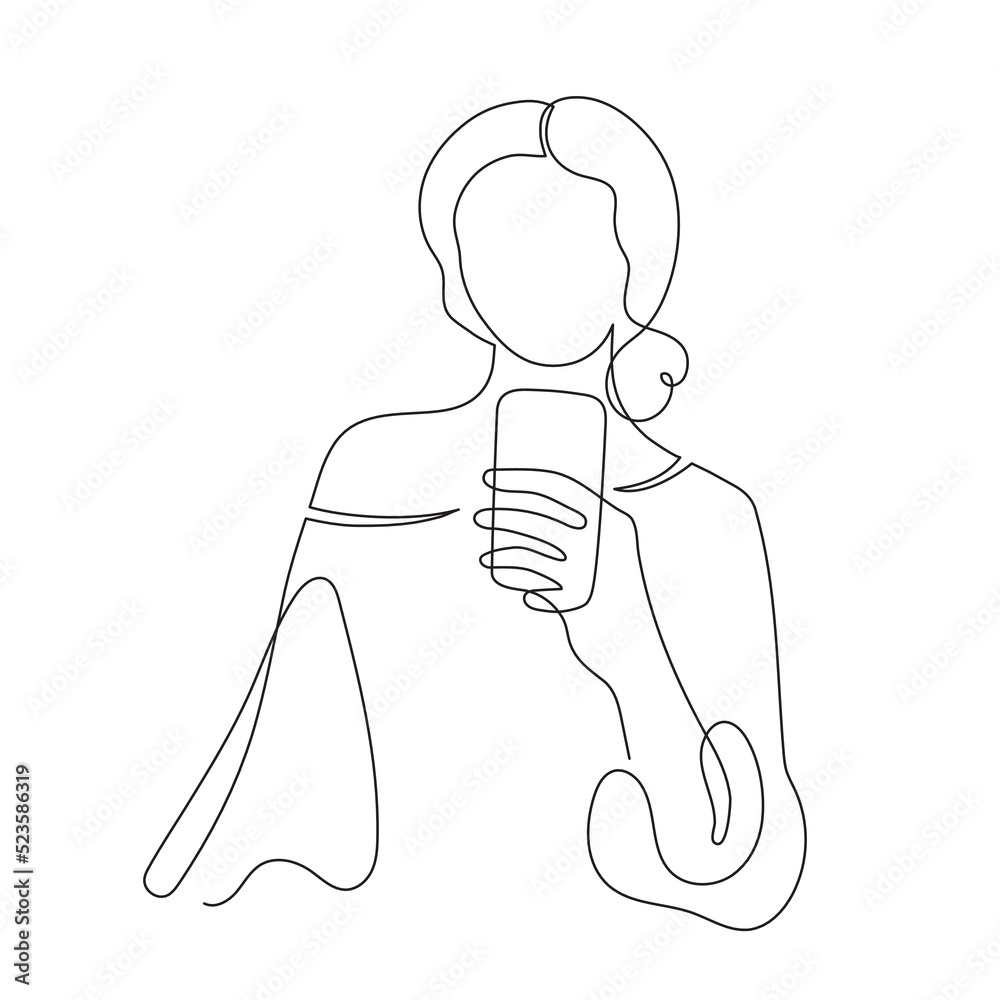 Girl with smartphone, one line art, hand drawn, stylized continuous contour. Young woman makes selfie photo for stories, use phone for video call. Doodle, sketch style, minimalism.Editable stroke Girl with smartphone, one line art, hand drawn, stylized continuous contour. Young woman makes selfie photo for stories, use phone for video call. Doodle, sketch style, minimalism.Editable stroke