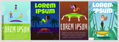 Happy people and friends jumping on trampoline, poster templates with text, flat vector illustration.