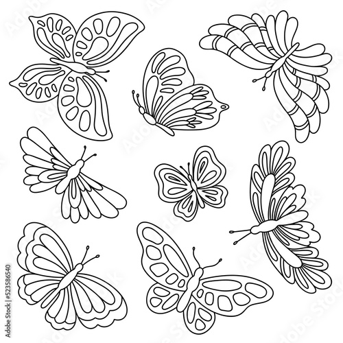 Silhouettes of butterflies. Black pictures of butterflies. Insect butterfly black silhouette.Vvector illustration for coloring page.