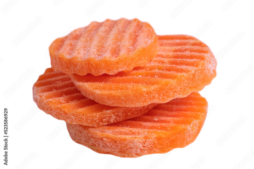 Fresh carrot slices frozen in ice on white background Fresh carrot slices frozen in ice on white background
