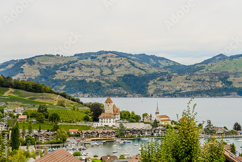 Spiez, Schloss Spiez, Schlosskirche, Stadt, Seeufer, Boote, Hafen, Thunersee, Schifffahrt, Seerundfahrt, Weinberge, Aussichtspunkt, Sommer, Schweiz photo