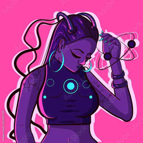 Ultraviolet conceptual art of a robotic cyber woman from the future with chips and technological gear. Futuristic girl with cables and purple hair wearing an armour 