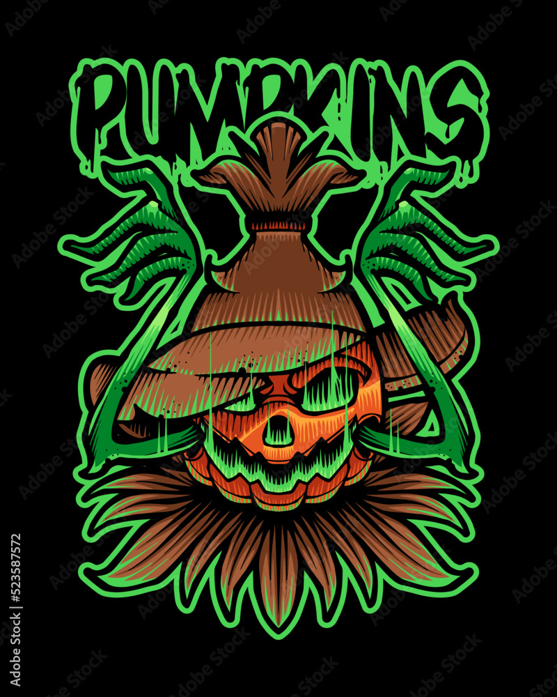 Pumpkin Monster for Halloween Japanese Illustration Style Isolated Vector. Editable Layer and Color. Scarecrow Pumpkin Monster with Straw Hat for Halloween Event.