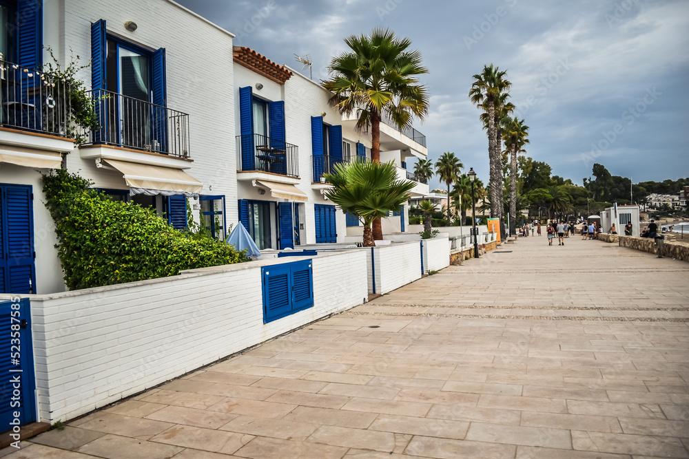 Fototapeta premium Paseo de playa con casas bajas de pescadores en blanco y azul junto a palmeras