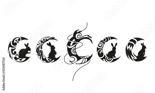 Collections of Moon and rabbit illustration design concept with tattoo tribal style