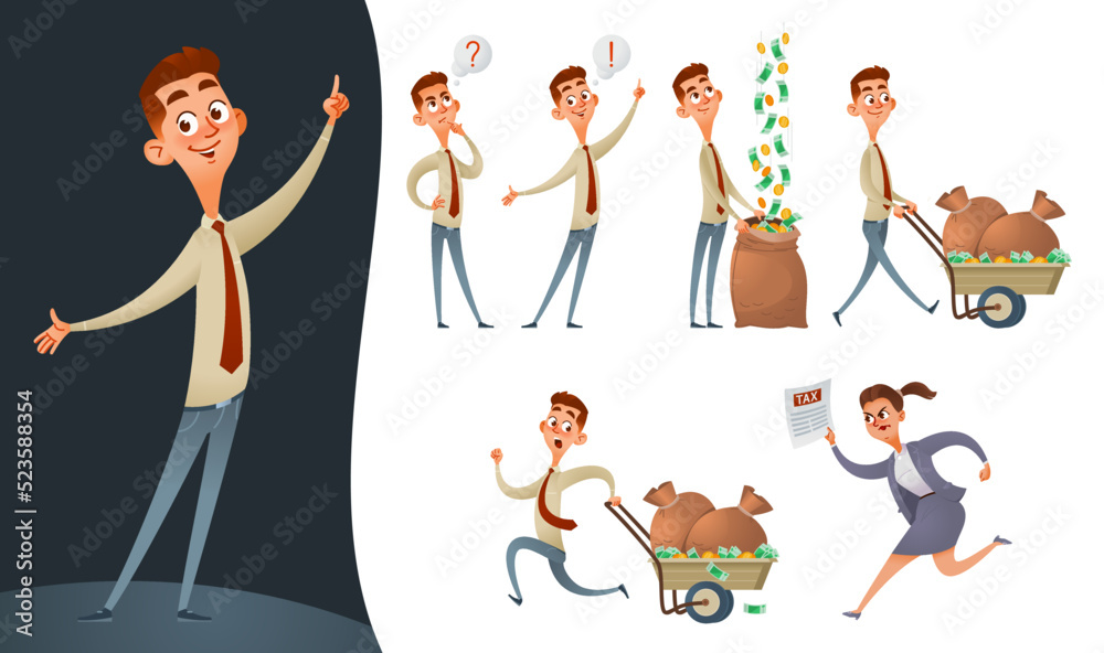 Set of funny cartoon businessman finds successful solution of making money and saves his money from taxes. Concept of excessive financial burden. Vector illustration. Isolated on white. Set of funny cartoon businessman finds successful solution of making money and saves his money from taxes. Concept of excessive financial burden. Vector illustration. Isolated on white.