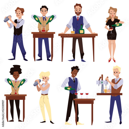 Professional bartenders preparing cocktails flat vector illustration isolated.