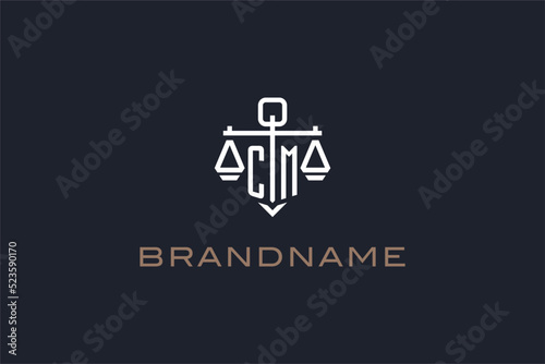 Initials CM logo for law firm with shield and scales of justice modern style