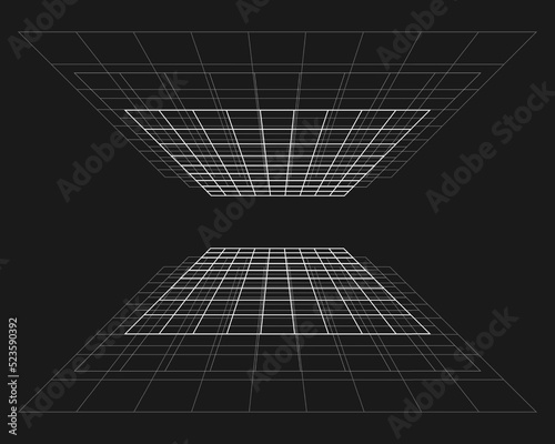 Cyber grid, retro punk perspective rectangular tunnel. Grid tunnel geometry on black background. Vector illustration.