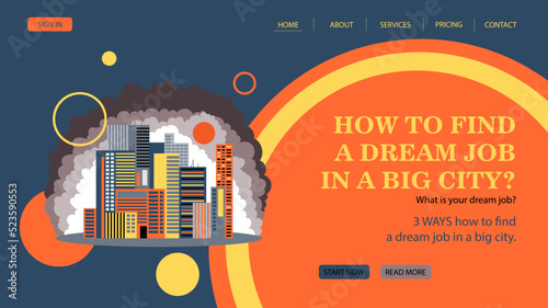 A universal model of a site with a city landscape. Vector graphics in the style of the flat. Web page with illustration of skyscrapers.