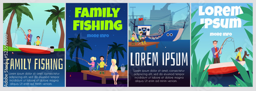 Family fishing together outdoors, posters or banners templates, flat vector illustration.