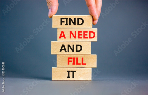 Find a need and fill it symbol. Concept words Find a need and fill it on wooden blocks on a beautiful grey background. Businessman hand. Business and find a need and fill it concept. Copy space. photo