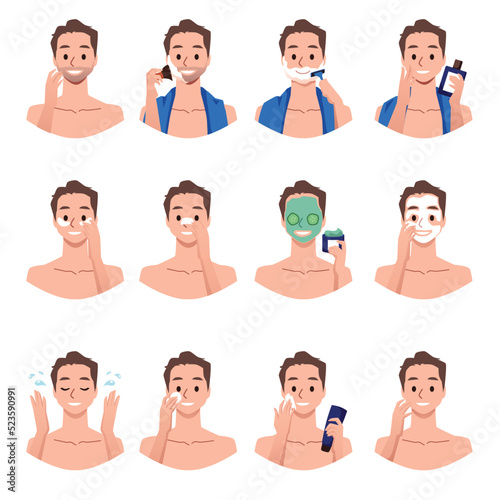 Young man shaving and does skincare routine, flat vector illustration isolated on white background.