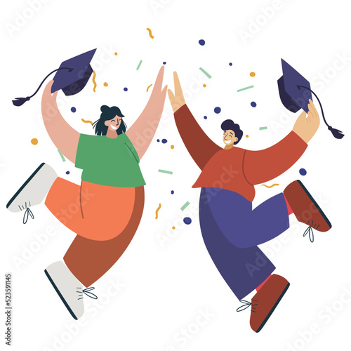 Two smilling people, graduates jumping and give five to each other with graduates caps in his hands