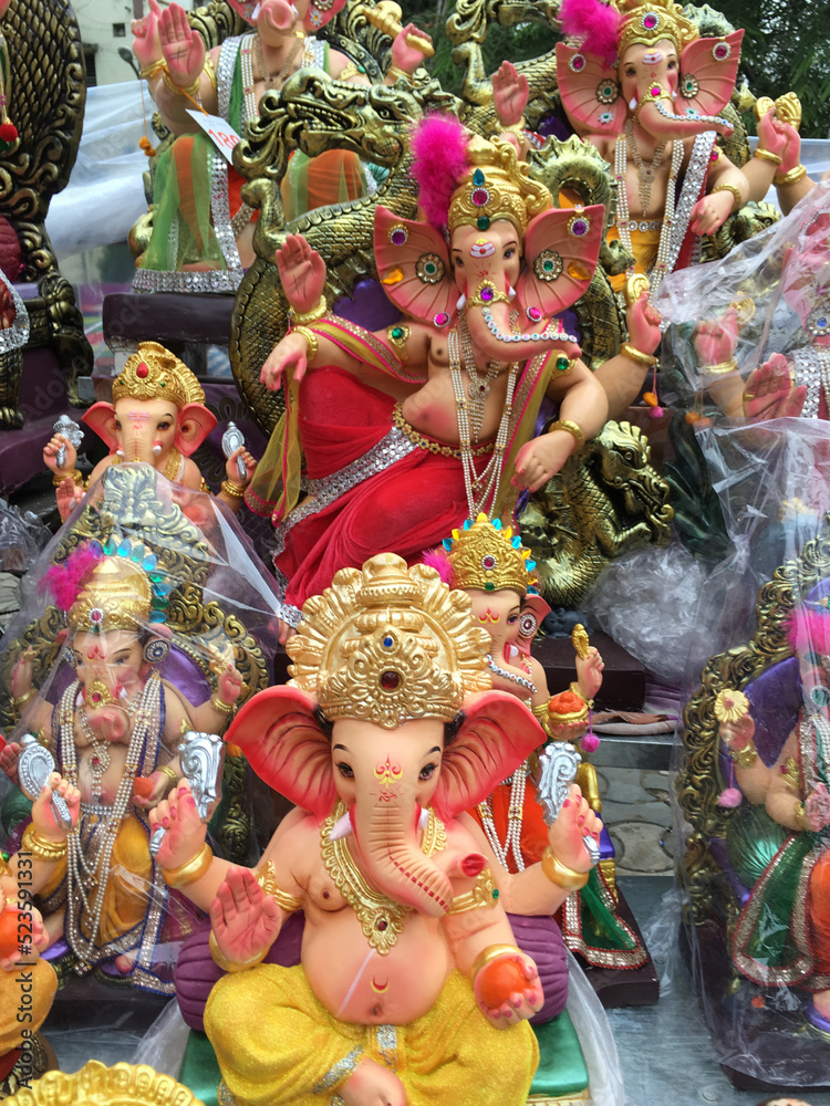 Plenty of various handcrafted idols of Ganesha selling in the shop during Ganesh Festival.
