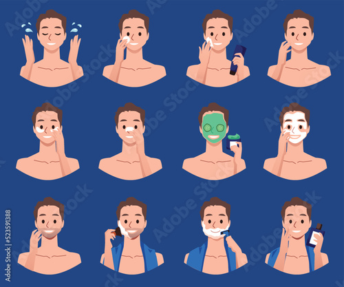 Man hygiene skincare procedures set of vector illustration isolated