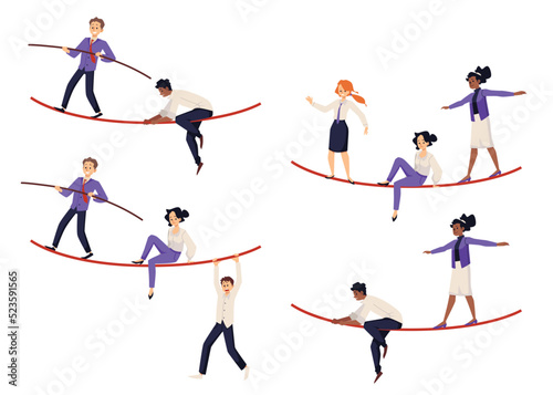Set of people balancing on rope, flat vector illustration isolated on white.