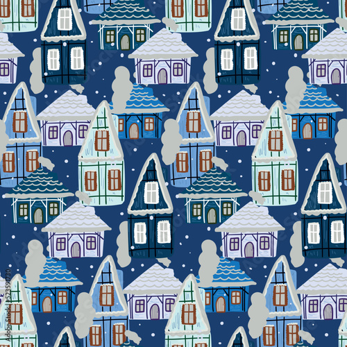 Christmas background with houses in the snow.