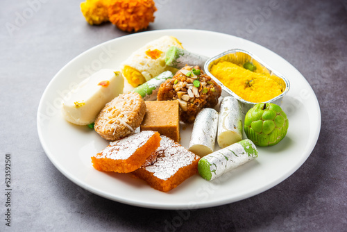 Indian assorted sweet mithai, barfi in a group