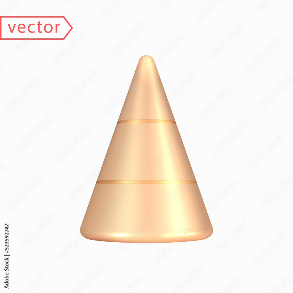 Golden cone. Abstract decorative metal figure of a Christmas tree cone. Realistic object, 3d design element. Icon isolated on white background. 3d vector Golden cone. Abstract decorative metal figure of a Christmas tree cone. Realistic object, 3d design element. Icon isolated on white background. 3d vector