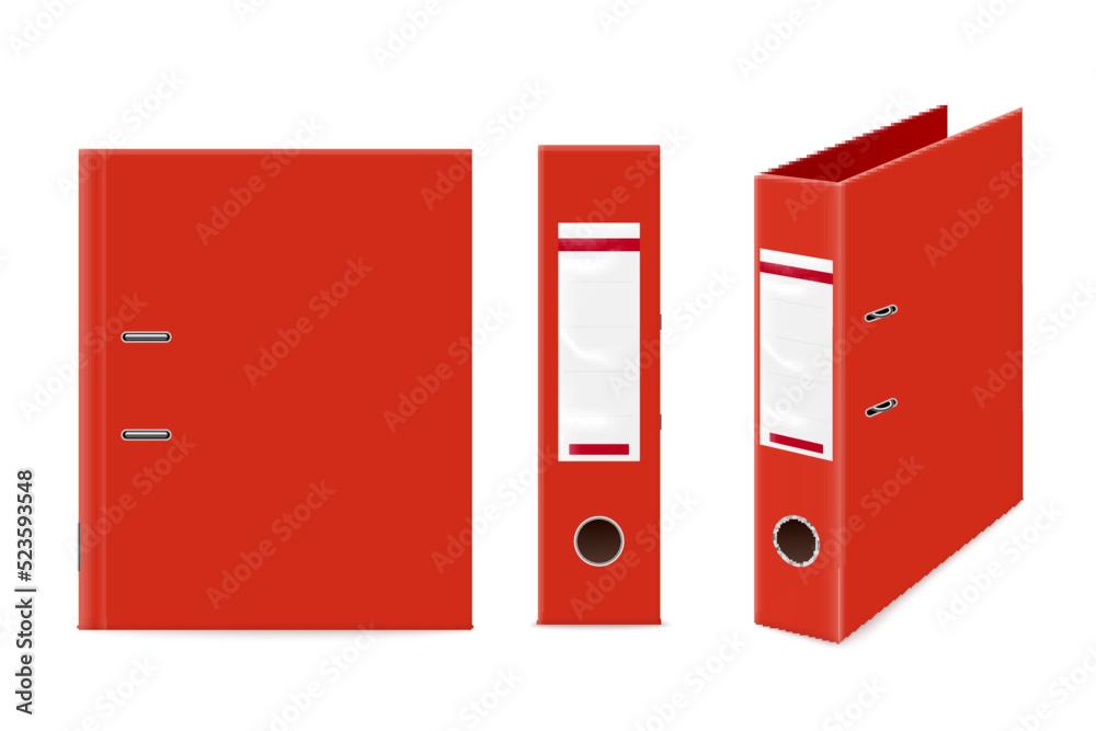 Red office binder or folder with rings realistic vector illustration isolated.