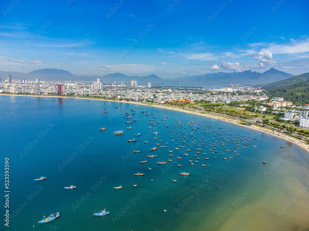 Aerial view of Da Nang beach from Son Tra peninsula which is a very famous destination for tourists.