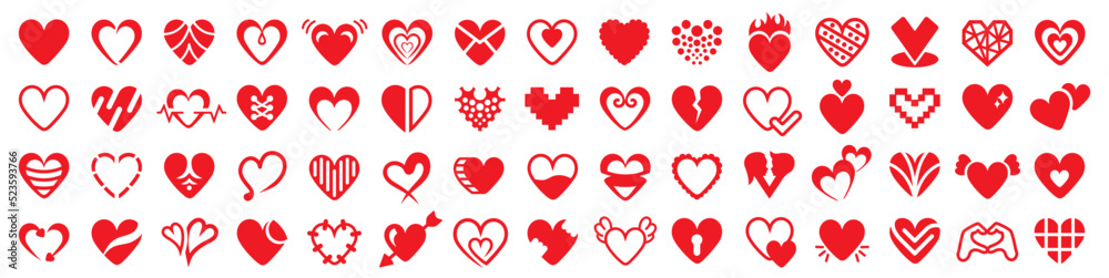 Red heart icons collection. Different styles of hearts set. Red heart symbol for Valentines Day. Design red heart shapes set.