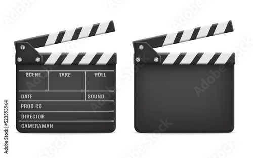 Movie clapboard opposite and front view realistic vector illustration isolated.