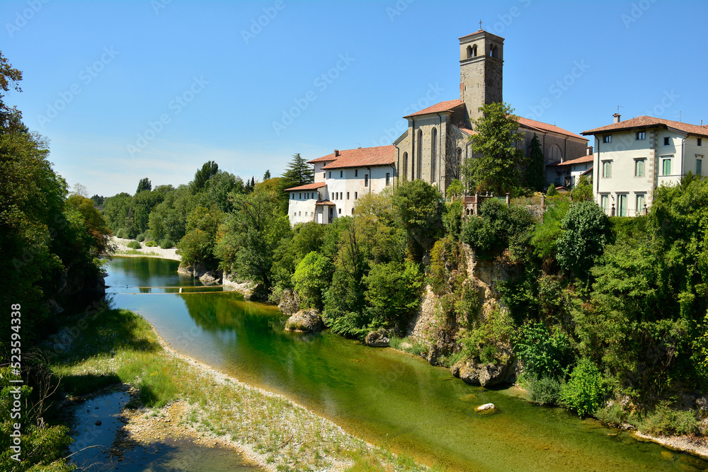The Natisone river during the 2022 drought as it flows through the north east Italian town of Cividale del Friuli, Udine Province, Friuli-Venezia Giulia. August 14th 2022
