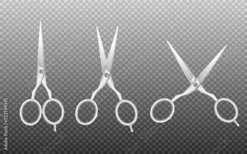 Silver professional hair cutting scissors realistic vector illustration isolated.