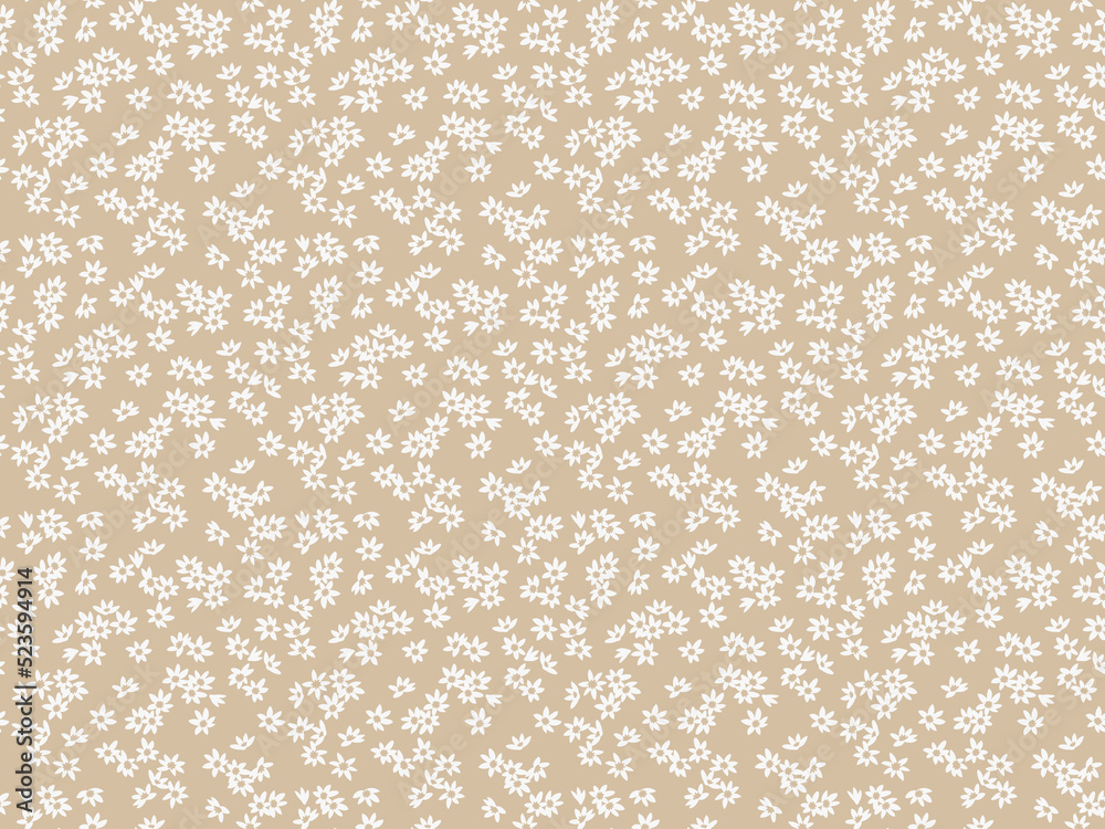 Cute floral pattern in small abstract flowers. Small white flowers. Gray beige  background. Ditsy print. Floral seamless background. The gentle template for fashion prints. Stock pattern.