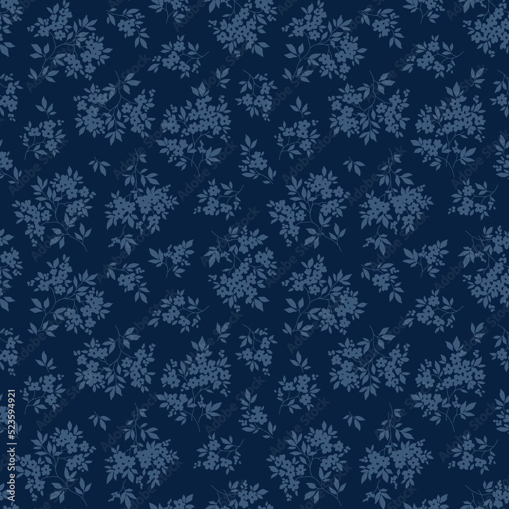 Vintage floral background. Floral pattern with flowers drawn in blue silhouette on a dark blue background. Seamless pattern for design and fashion prints. Liberty style. Stock vector illustration.