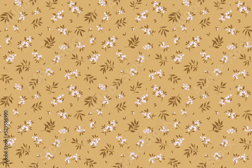 Vintage seamless floral pattern. Liberty style background of small white berries. Small twigs scattered over a gold mustard background. Stock vector for printing on surfaces. Abstract flowers.