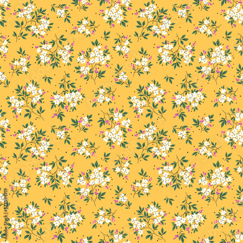 Vintage floral background. Floral pattern with white flowers on a yellow background. Seamless pattern for design and fashion prints. Liberty style. Stock vector illustration.