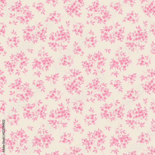 Trendy seamless vector floral pattern. Gentle print made of small pink flowers. Summer and spring motifs. Light pink background. Stock vector illustration.