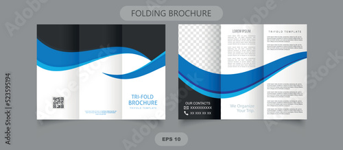 Tri-fold brochure, print ready, brochure with blue waves. Flyer for printing. Vector graphics.