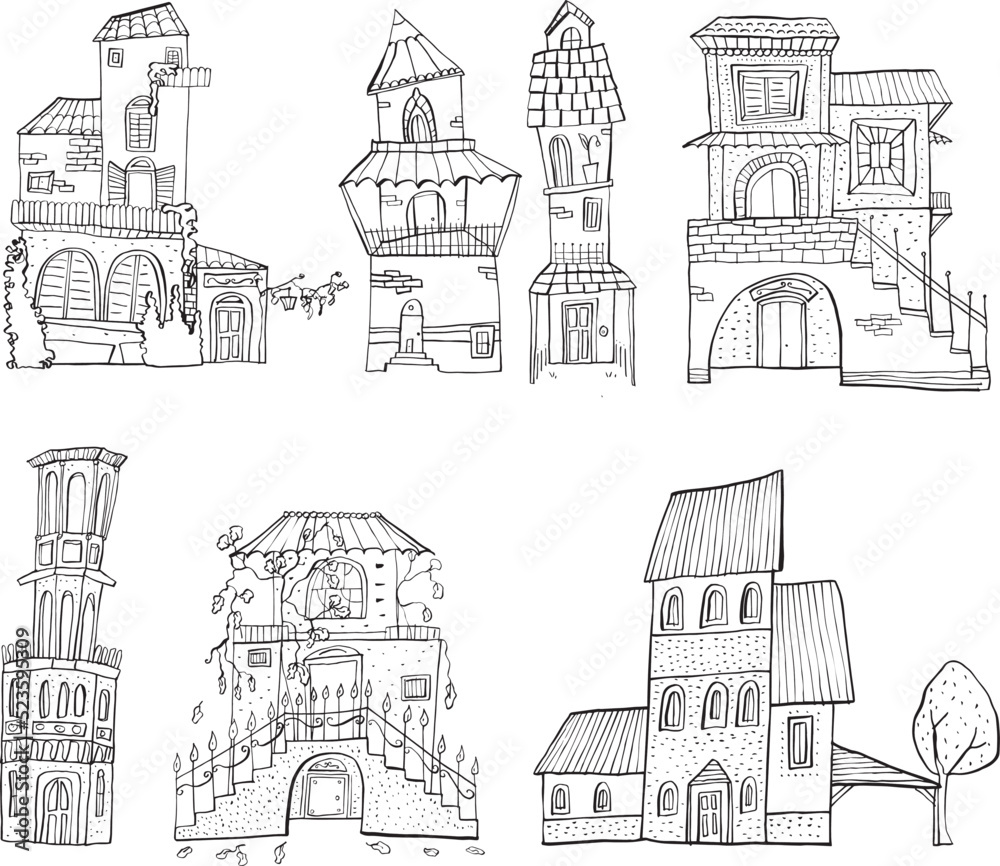 houses and small houses, medieval village, cottage, tower: funny black and white illustration for coloring books or scenarios