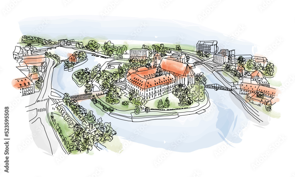 Aerial view of Sand Island in the Odra river, Wroclaw, Poland. Watercolor, vector illustration