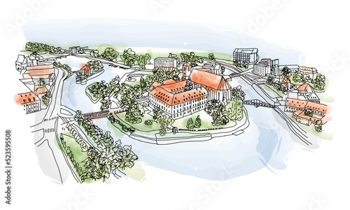 Obraz na płótnie Aerial view of Sand Island in the Odra river, Wroclaw, Poland. Watercolor, vector illustration w salonie