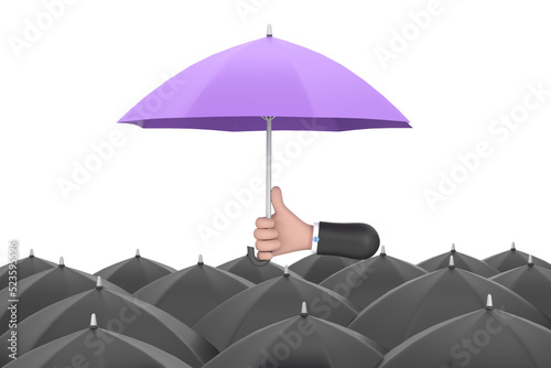 3D. Uniqueness and individuality. Hand holding a purple umbrella among people with black umbrellas.