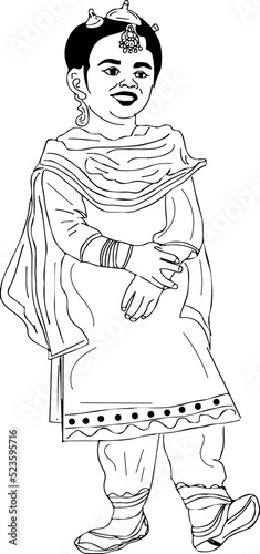 Indian girl wearing punjabi dress line art vector, Sketch drawing of indian kid girl in punjabi fashion wear, Silhouette cartoon of Punjabi girl in traditional salwar jumper dress