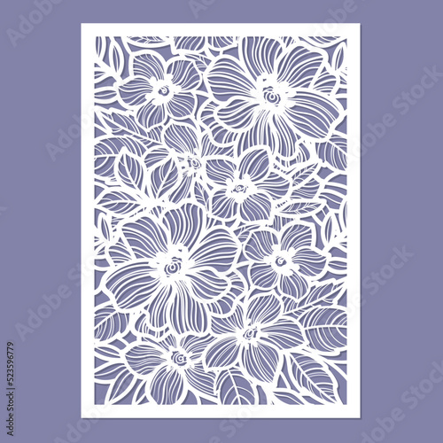 Template for laser cutting. Postcard layout with flowers. For weddinig invitation design, congratulations, menu, decve panels. For utting from any material. Vector