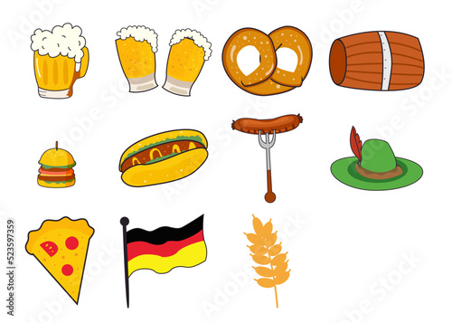 set of icons of the Oktoberfest beer festival. Beer, sausage on a fork, gingerbread, beer barrel, burger, hot dog. Vector illustration.