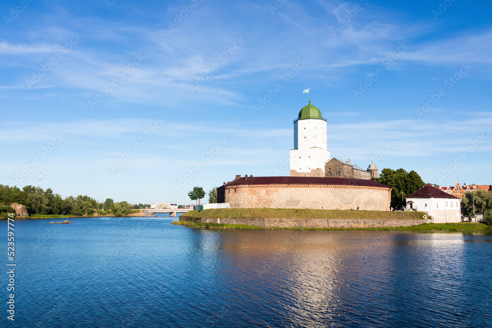 Vyborg castle on sunny day on Gulf of Finland. Famous medieval fortress 