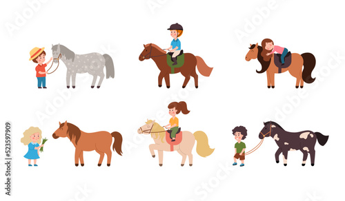 Set of illustrations, kids learning to ride a horse, vector flat illustration