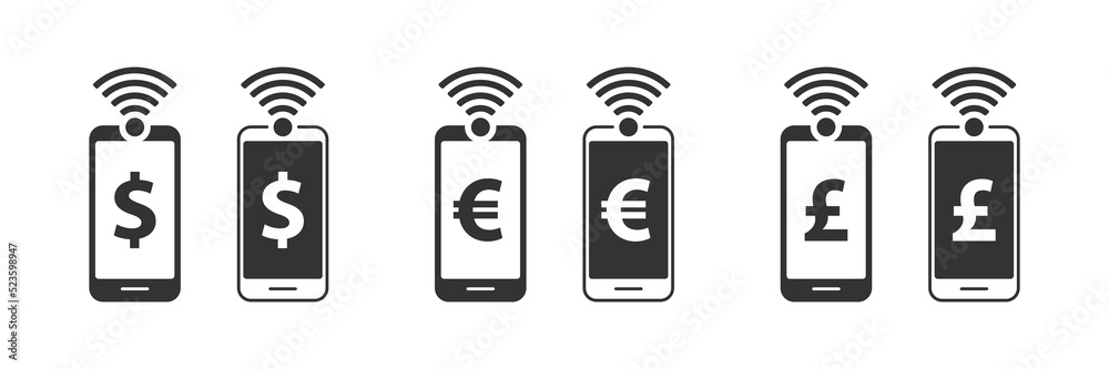 NFC payment with smartphone. Mobile phone payment icon set. Vector illustration. NFC payment with smartphone. Mobile phone payment icon set. Vector illustration.